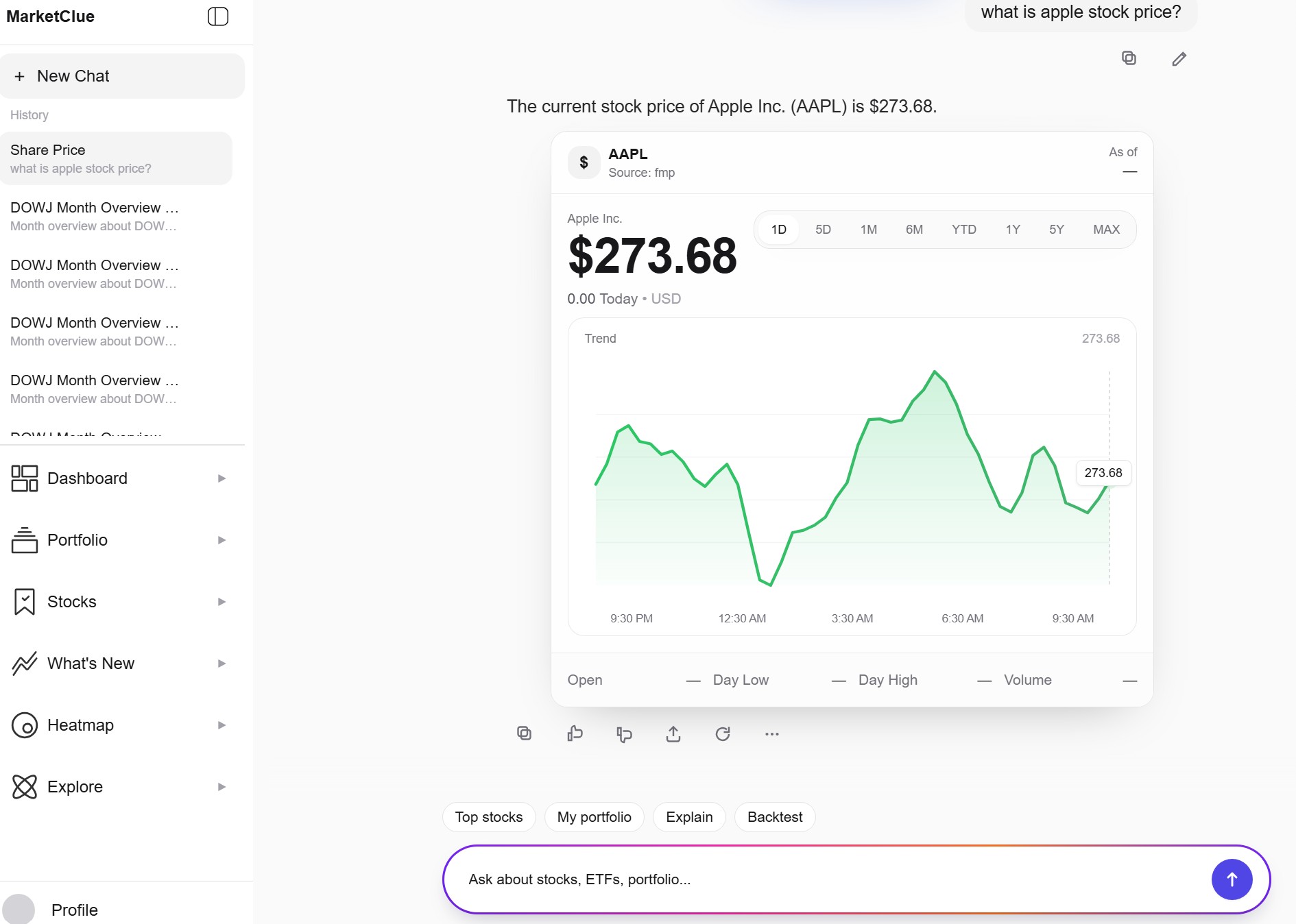 Chat interface showing Apple stock price lookup