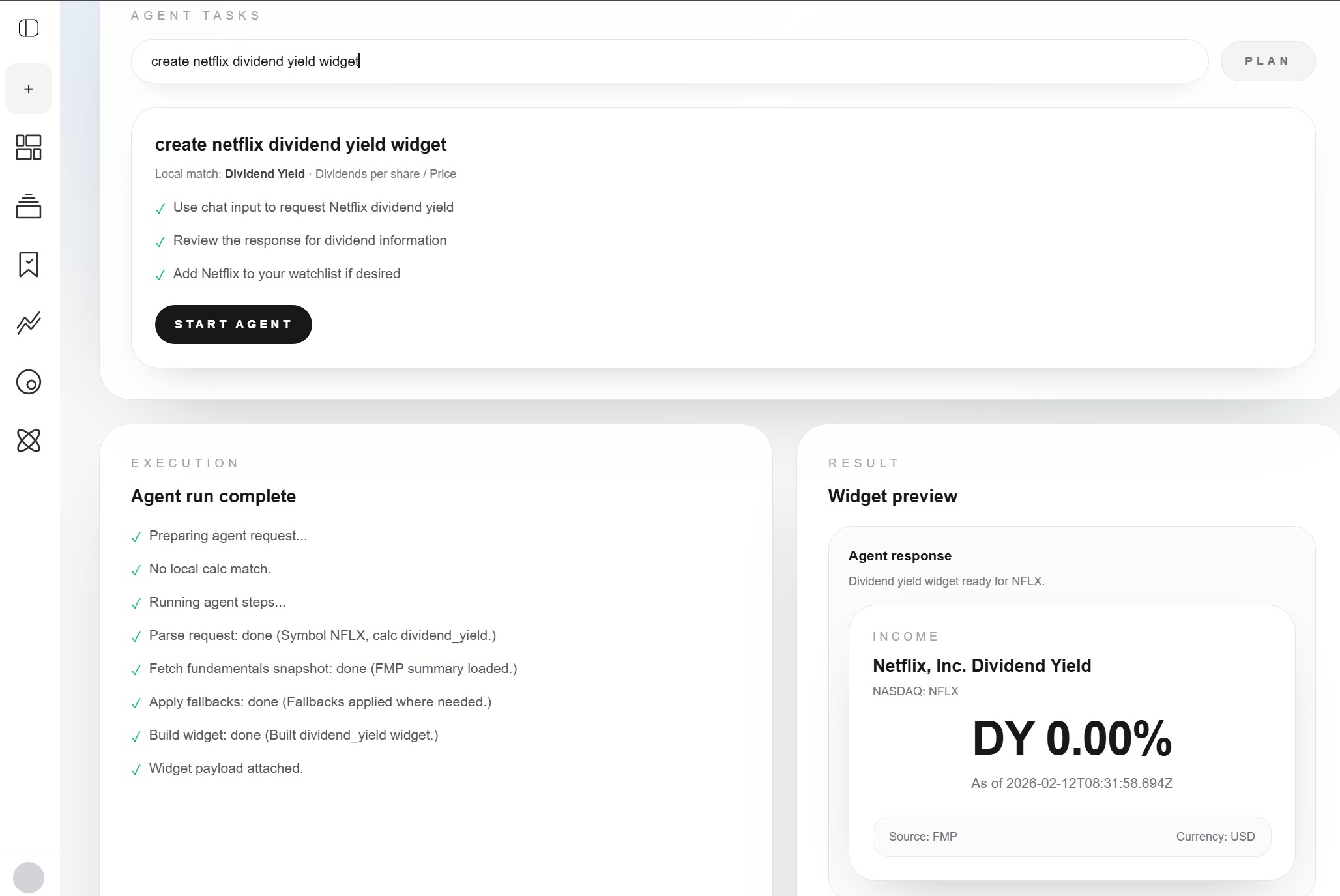 Agent task execution creating a dividend yield widget
