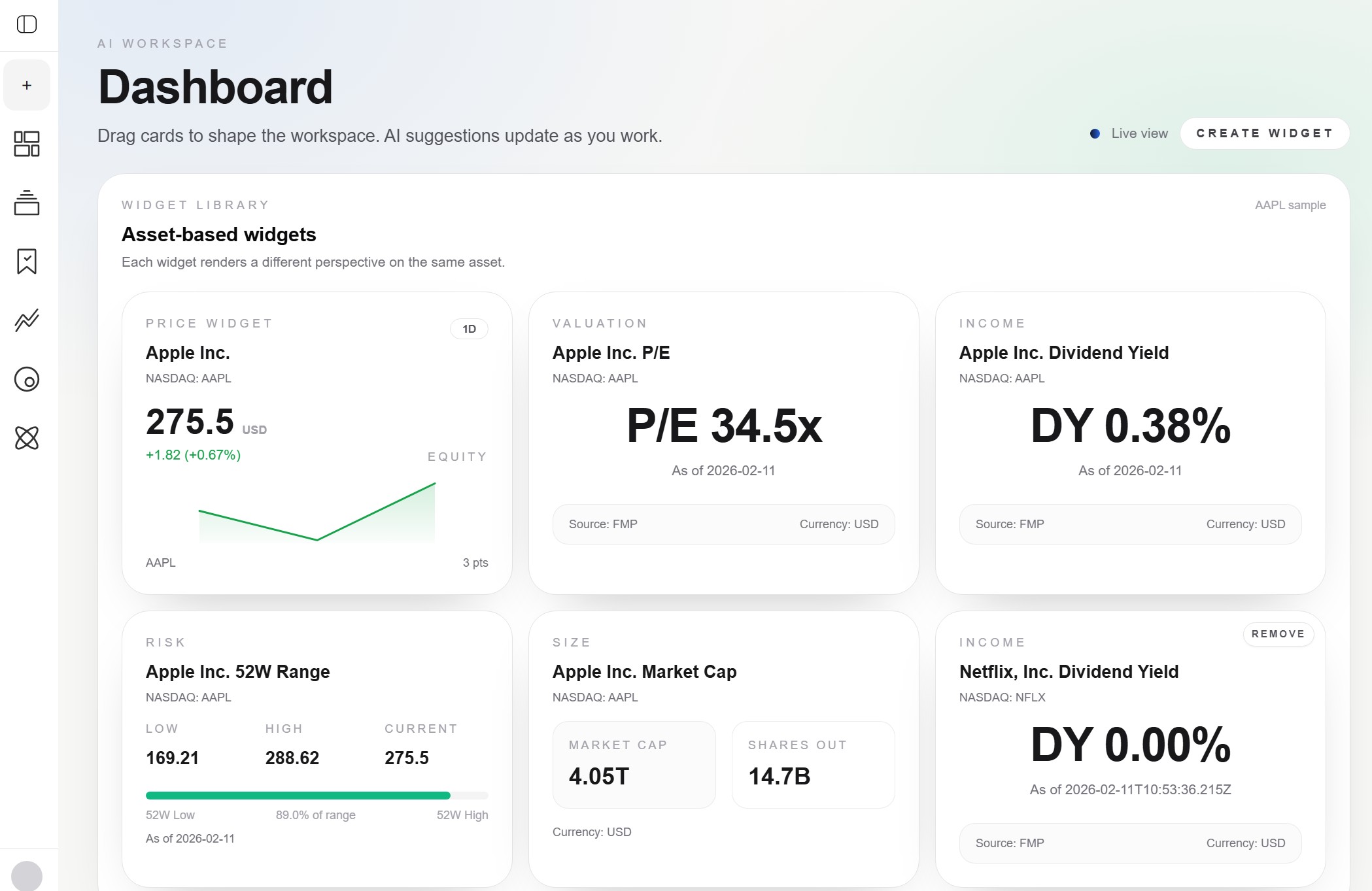 Dashboard showing asset-based widget cards